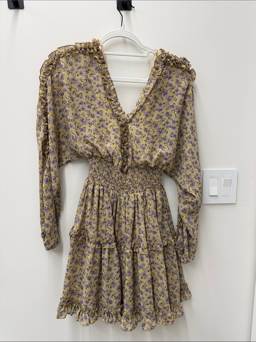 Floral Ruffle V-Neck Tiered Mini Dress - Yellow Floral